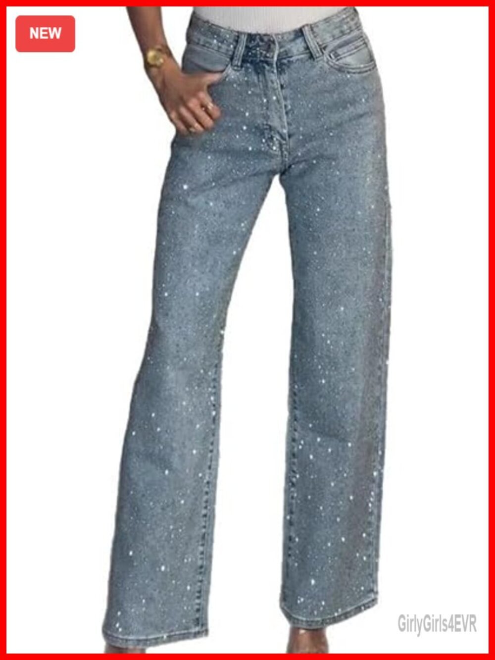 Rhinestone High Waisted Straight Leg Jeans Sparkly Glitter Bedazzled Denim